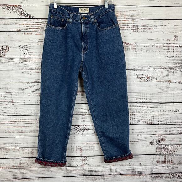 Women's VTG 90's LL Bean Red Blue Flannel Lined Relaxed Fit Denim Jeans Size 12P - Picture 1 of 8
